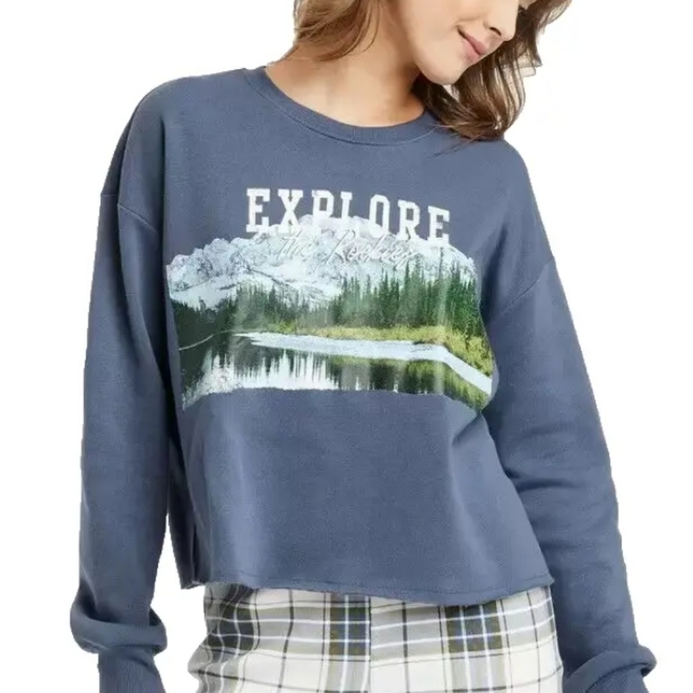 Grayson Threads Blue Cropped Raw Hem Explore The Rockies Sweatshirt